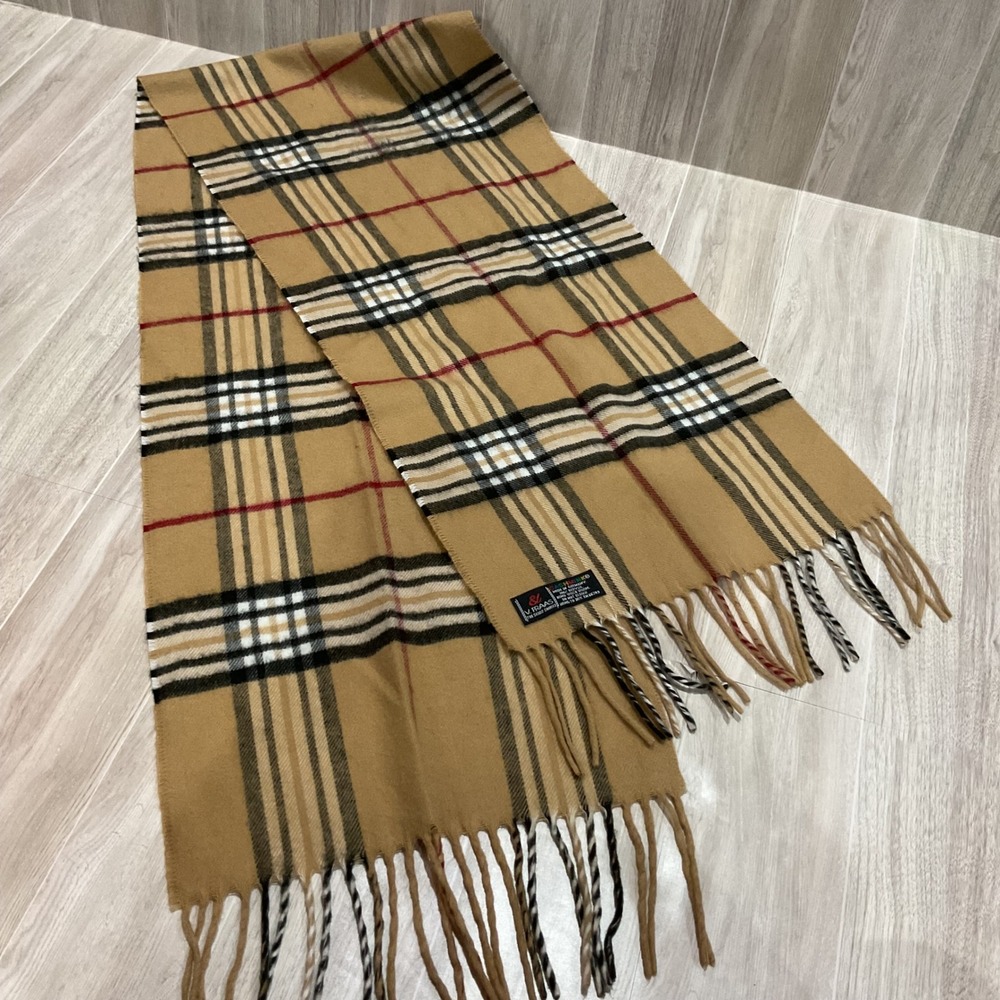 V. Fraas Cashmink Scarf Tan Plaid Check Made‎ in Germany Fringed Winter Wrap